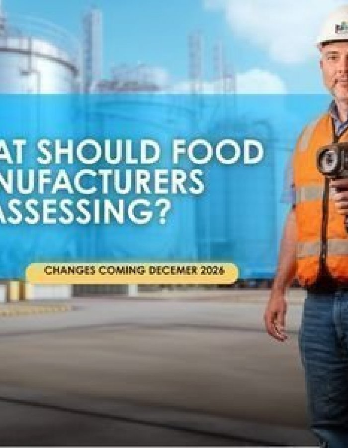Food manufacturing worker in high-vis safety gear conducting occupational hygiene monitoring at an industrial facility, highlighting airborne exposure assessment ahead of the December 2026 Workplace Exposure Limit changes.
